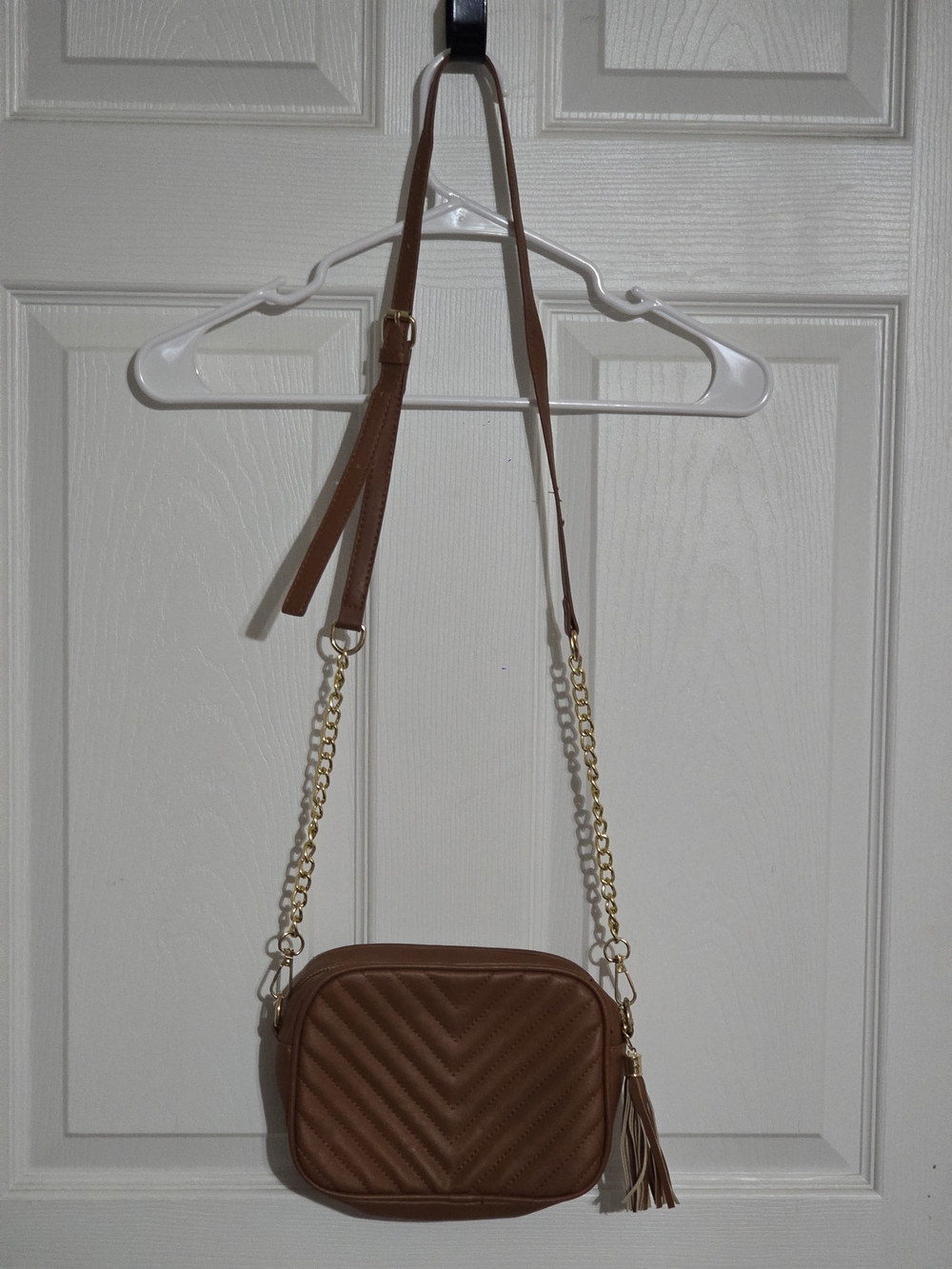 Brown Quilted Crossbody Bag with Gold Chain and Tassel